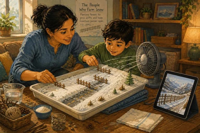 A mother and son exploring a miniature snow-fence experiment together.