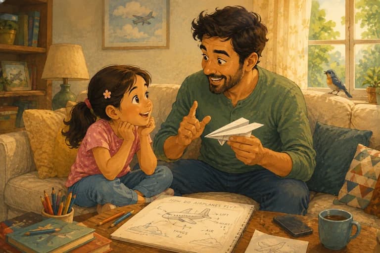 A father and daughter talking together while exploring how airplanes fly.